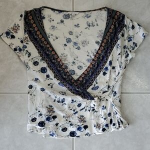 Lucky Brand Cream Wrap Tie Front Blouse